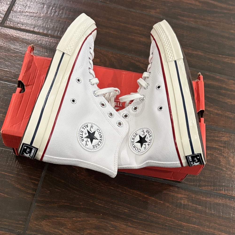 Converse White High-Top Canvas Sneakers with Red and Black Stripe